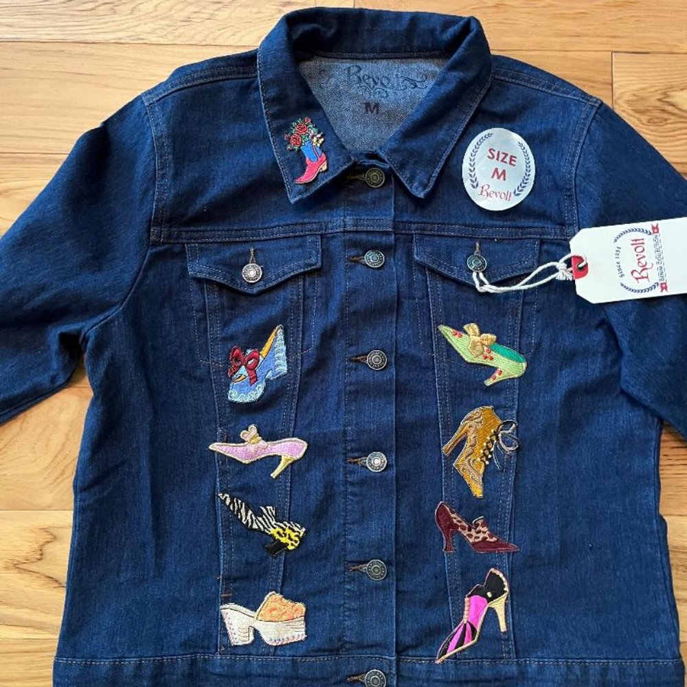 NWT Revolt Jean Jacket, Medium With Shoe Appliques and Patchwork Designs